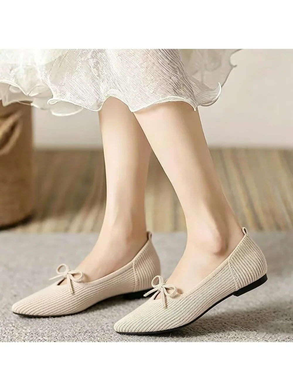 Women's Beige Pointed Toe Knit Ballet Flats Comfortable Pull On Casual Shoes